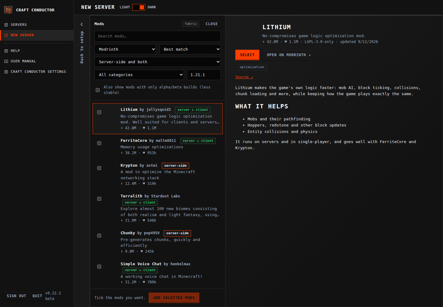 The mod browser, searching Modrinth and CurseForge