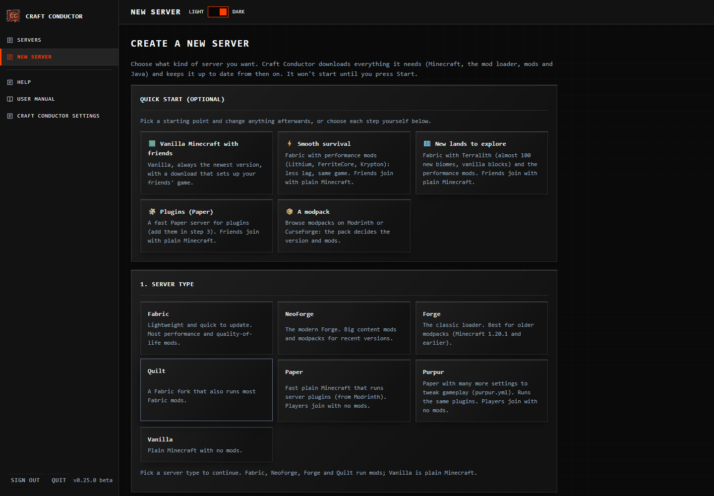 The New server page, with ready-made quick starts